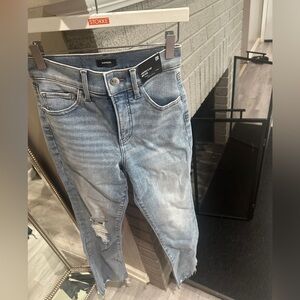 Express Light Blue Distressed Straight Leg Jeans